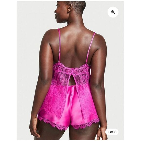 Victoria Secret Women’s Very Fuchsia Stretch Satin Open Lace Back Cami Short Paj - Picture 4 of 15